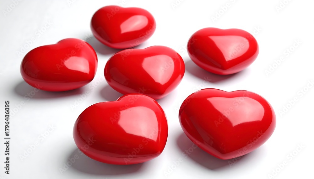 Fototapeta premium Six glossy red heart shapes arranged against a white backdrop