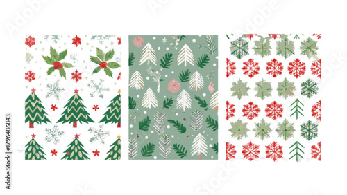 Christmas holiday pattern with trees snowflakes and holly berries festive season design for backgrounds and prints