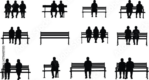 Bench sitting silhouettes, public seating, social spacing, group interaction, black vector icons, human pose, white background, solitude companionship study