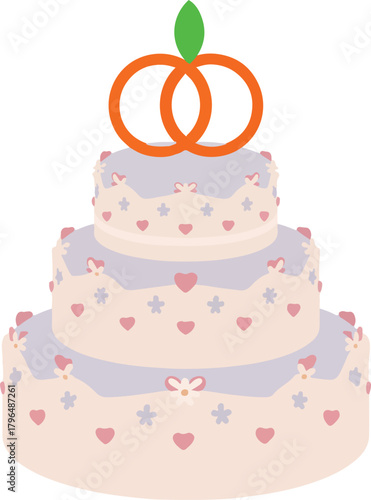 Three tiered wedding cake vector illustration adorned with orange intertwined rings and delicate heart patterns.