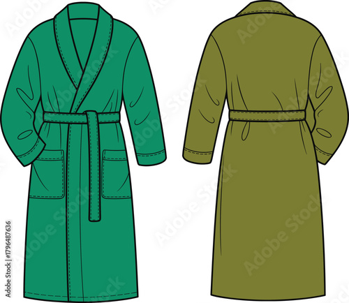 Bathrobe Front and Back View, Fashion Flat Sketch, Teal and Olive Garment Design, Shawl Collar, Belted Robe Illustration