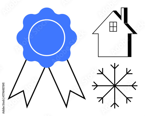 Award ribbon, house, and snowflake elements emphasize quality, home, and winter concepts. Ideal for home maintenance, eco-friendly living, awards, energy efficiency sustainability real estate