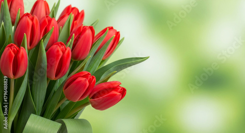 A close-up of vibrant red tulips bouquet with lush green leaves on a soft blurred green background, perfect for spring time celebrations, gifts, and adding beauty.