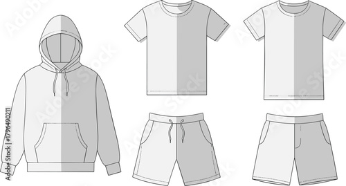 Blank White Oversized Pullover Hoodie, T-Shirt, and Drawstring Shorts Garment Flat Technical Fashion Sketch Template Front View for Design Mockup and Specification