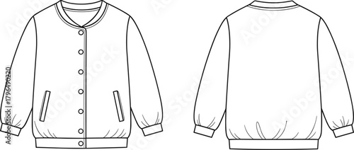 Blank White Unisex Bomber Jacket Technical Flat Fashion Sketch Drawing Template Front and Back View with Snap Button Closure and Ribbed Trims