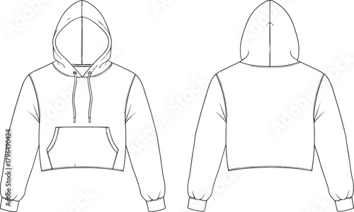 Blank White Women's Cropped Pullover Hoodie Technical Flat Fashion Sketch Template Front and Back View for Streetwear Design Mockup and Garment Specification