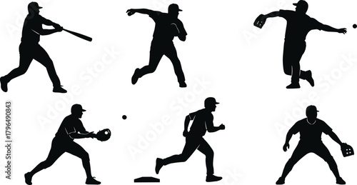 Baseball player silhouettes, swinging bat, pitching, catching, running, fielding, sports action, athletic movement, glove, bat, vector illustration, black figures