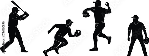 Baseball player silhouettes, batter, pitcher, runner, fielder, sports action, athletic pose, glove, bat, throw, catch, vector illustration, black