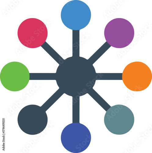 Vector illustration of a vibrant network hub connecting eight colorful nodes representing data flow and distribution