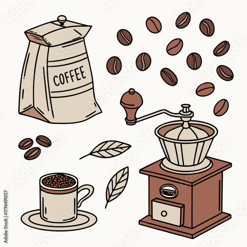 Coffee Beans Bag Cup and Grinder Illustration vector