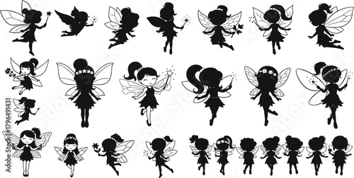 Fairy silhouette vector set, magical poses, flying and standing fairies, whimsical wings, fantasy icons, isolated on white background, enchanted design