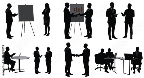 Business professional silhouette set, office meeting and teamwork vector, workplace interaction design, corporate communication graphics, presentation scene collection