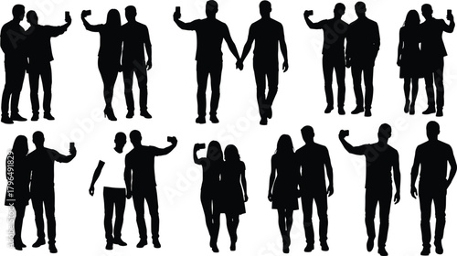 Couple selfie silhouette vector set, black icons, romantic poses, mobile phone, love interaction, standing together, isolated on white background