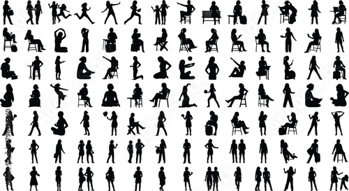 Human silhouette vector collection, diverse poses, dynamic actions, sitting, walking, dancing, interacting, black icons, isolated on white background, ergonomic reference