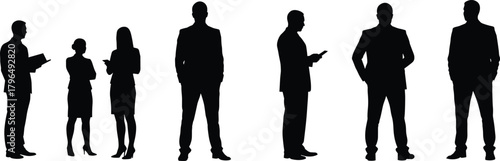 Business, people, silhouettes, standing, professional, poses, corporate, team, office, attire, formal, group, executives, staff, meeting, communication, workplace, diversity, leadership, illustration