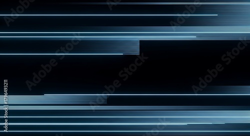 Abstract blue glowing horizontal lines background with digital light effect.