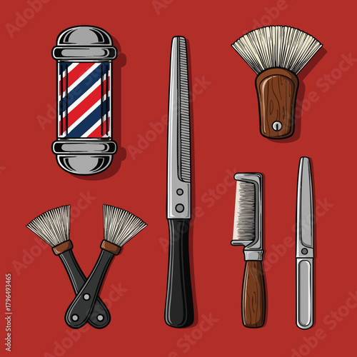 Barber Tools Illustration on Red Background