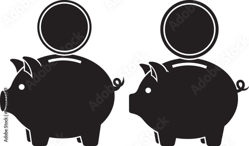 Two black piggy bank silhouettes with coins falling into them