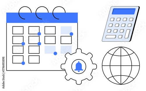Calendar with marked dates, calculator, gear with bell notification, and globe. Ideal for scheduling, organization, productivity, business planning, reminders global coordination and minimalistic