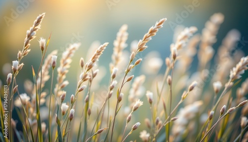 Fototapeta Naklejka Na Ścianę i Meble -  Soft Golden Grass Blades Bathed in Gentle Morning Light on a Peaceful Nature Background