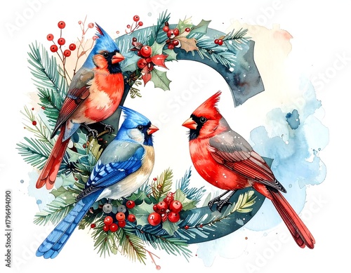 A watercolor illustration features three songbirds perched on a festive holiday wreath of greenery and berries. Soft, painted texture