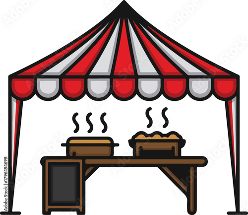 Vector market stall with red and white striped canopy serving warm food on a wooden table