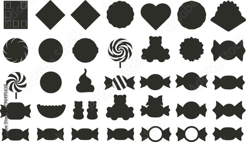 Candy Silhouette Icons, Black Sweet Shapes, Wrapped Treats, Lollipop Graphics, Gummy Bear Symbols, Vector Dessert Set, Confectionery Design Elements