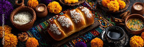 Spanish Mexican traditional holiday, autumn festival Day of the Dead (dia de los muertos) background. With traditional Pan de Muerto bread, decorations and marigold and cempasuchil flowers