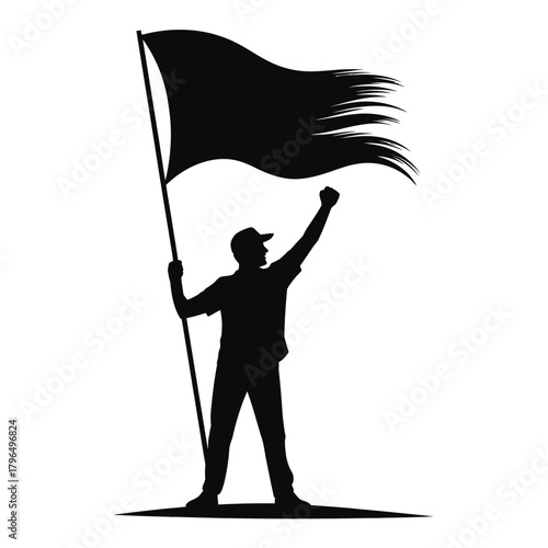 Silhouette of a person holding a tattered flag aloft with raised fist