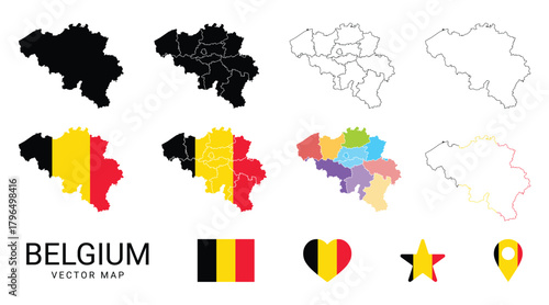 belgium vector map collection with flag colors regions borders and icons
