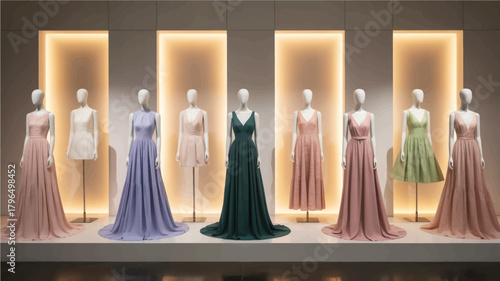 A high-end fashion display featuring eight elegant evening gowns arranged in a row against a warm beige background with illuminated rectangular panels. 
