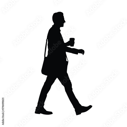 Silhouette of a man, possibly a professional or student, walking with a shoulder bag and carrying a takeaway coffee cup. Represents a busy daily routine or break time.