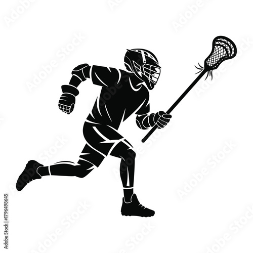Silhouette of a lacrosse player in action holding a stick