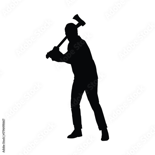 Silhouette of a Lumberjack or Man Swinging an Axe, Representing Hard Work, Logging, or Wood Chopping