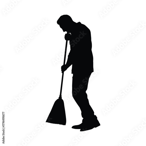 A detailed black silhouette of a cleaner or worker using a broom to sweep dirt on the floor. This vector illustration represents labor, dedication, domestic chores, and professional janitorial service