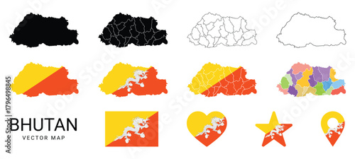 bhutan vector map collection with flag colors regions borders and icons