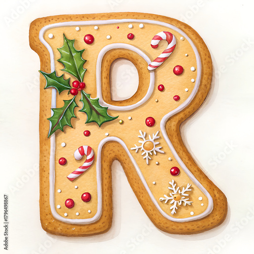 Gingerbread cookie letter R with ornate decoration for Christmas baking and holiday decor