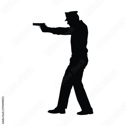 Silhouette of a policeman or law enforcement officer in uniform and hat, standing and pointing a pistol with both hands. Depicts security, action, duty, and protection services.