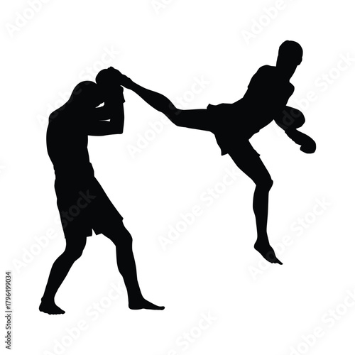 Silhouette showing two men engaged in an intense martial arts or kickboxing fight, with one fighter delivering a high kick to the other. The image represents combat, action, defense, and power.