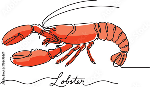 Minimalist continuous line art of a lobster with red accents and elegant cursive text. Perfect for seafood branding, restaurant menus, packaging, and coastal-themed designs.