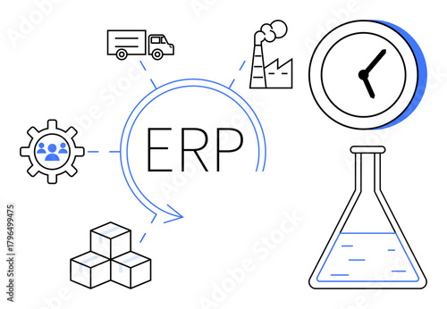 ERP text surrounded by logistics, gear with users, factory, clock, cubes, laboratory flask. Ideal for resource planning, process integration, efficiency productivity business strategy data