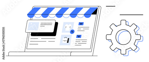 Laptop displaying online store interface with storefront awning, product cards, and gear icon for settings. Ideal for e-commerce, customization, user interface, digital business, marketing