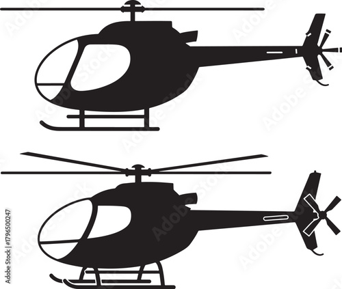Two black helicopter silhouettes flying side by side silhouette