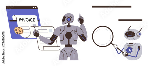 Robots interacting with invoices and analyzing documents using a magnifying glass. Ideal for automation, finance, analysis, AI, innovation, efficiency, and digital transformation. A simple flat