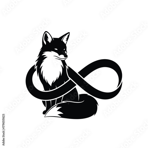 Black and white fox with infinity symbol tattoo design.