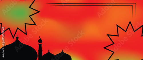 Silhouette of an Islamic mosque with domes and minarets on a gradient background, decorated with striking star shapes and angular line accents for a festive or holiday theme.