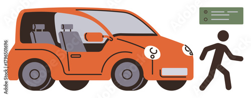 Self-driving car interacting with walking pedestrian, safety interface displayed. Ideal for automation, transportation, innovation, urban planning, safety technology, smart cities, simple flat