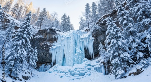 Fototapeta Naklejka Na Ścianę i Meble -  Beautiful frozen waterfall covered in snow and icicles in a winter forest