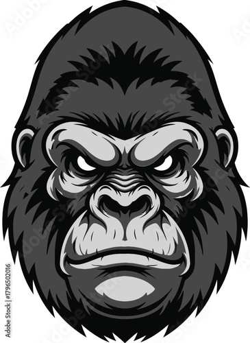 Intense Gorilla Face Illustration with Detailed Fur and Expressive Eyes.