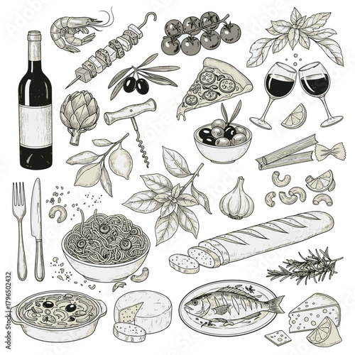 Hand-Drawn Mediterranean Food Set, Minimalist Italian Cuisine Doodle Vector